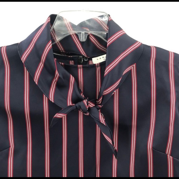 NWT SANDRO Zoe Tie-Neck Striped Satin -Twill Blouse, size 3 - Picture 6 of 8